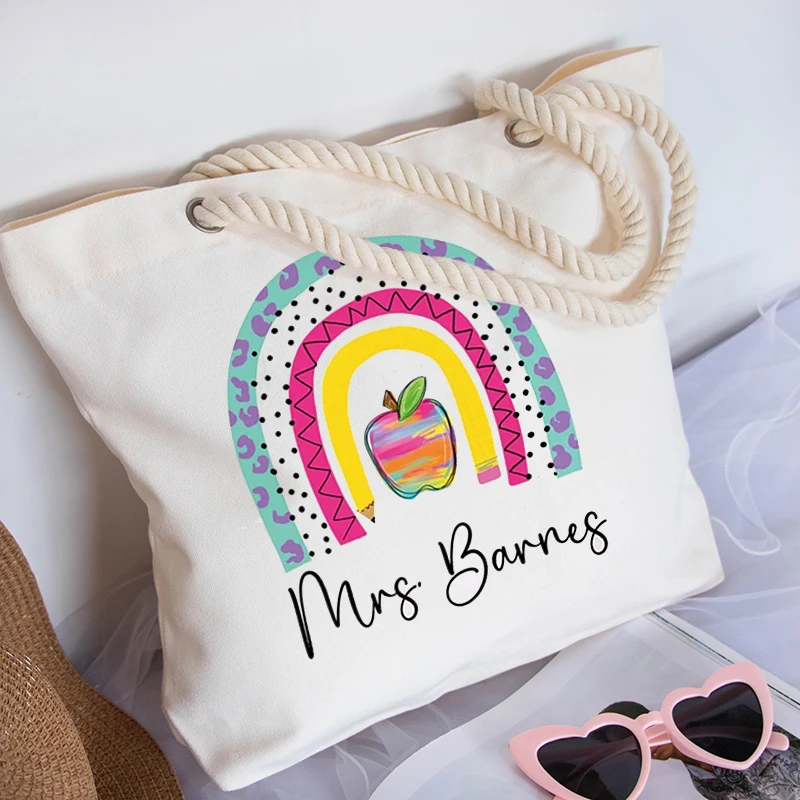 Personalisierte Regenbogen-Bleistift-Hanf-gestanzte Leinwand-Tragetasche, individuelles Lehrer-Anerkennungsgeschenk zum Lehrertag, zum Schulanfang, Dekorieren