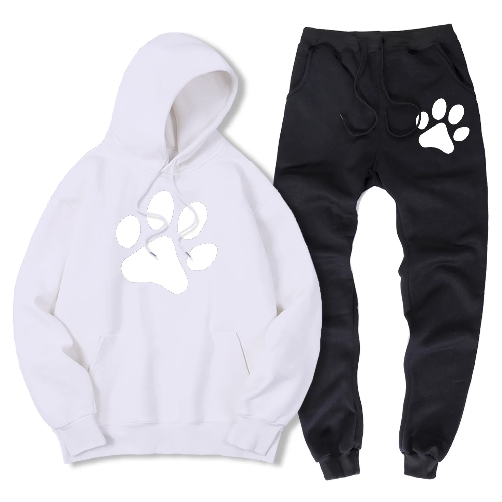 thumbnail image 1 of Sudadera con estampado de pata de perro de dibujos animados kawaii para hombre + pantalón deportivo de invierno cálido de polar, conjunto de 2 piezas, ropa deportiva holgada de gran tamaño para hombre, 1 of 5