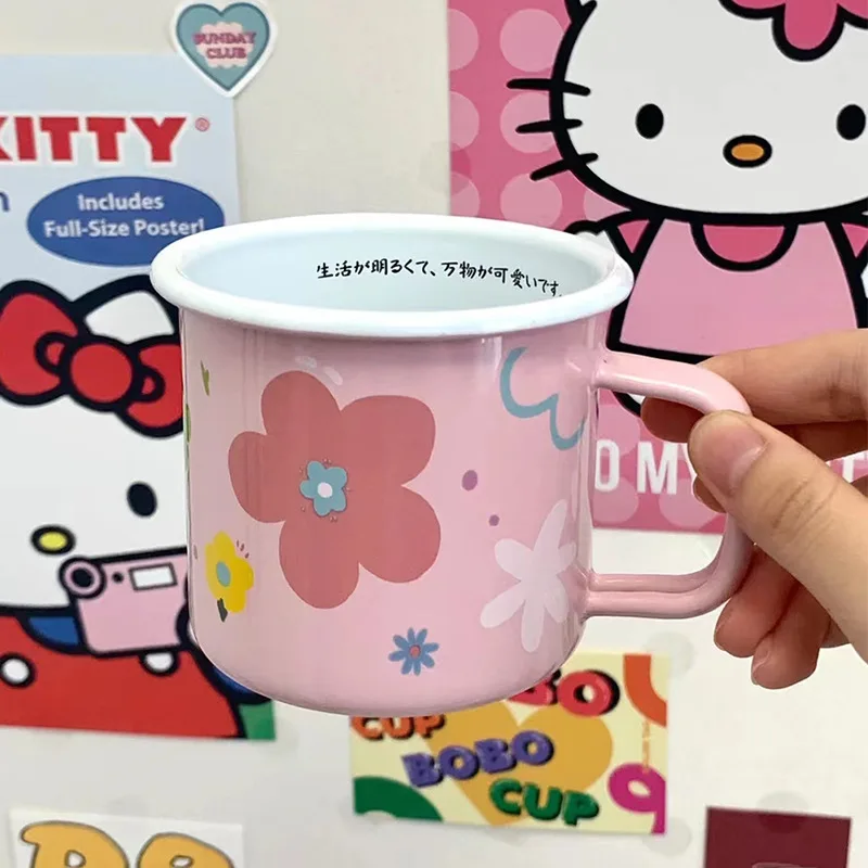 

Pink Cartoon Flower Enamel Cup Thickened Crimped Enamel Cup Color Cartoon Mug Handmade Tea Cup Saucer Set Cute Gift for Her