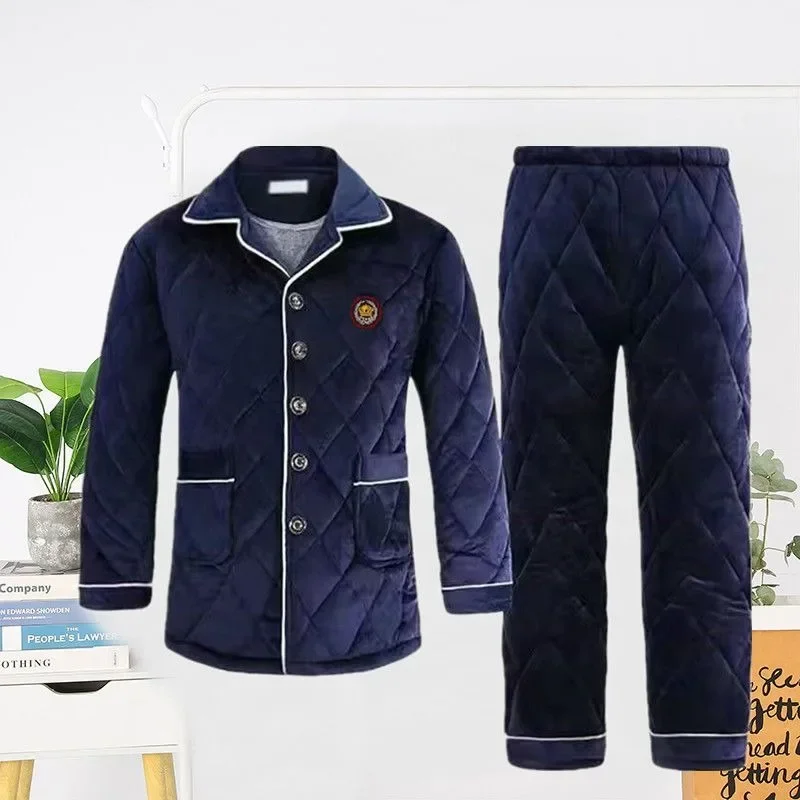 2024 New Pajamas Men's Winter Thick Three-layer Flannel Cotton Jacket Plus Size Sleepwear Set Stand Collar Loose Plush Homewear