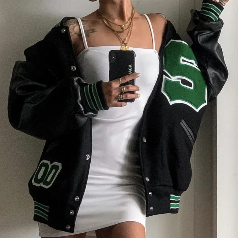 

Autumn Hip Hop Women Bomber Jacket Vibe Style Stitching Baseball Uniform High Street Harajuku Loose College Oversized Coat Top