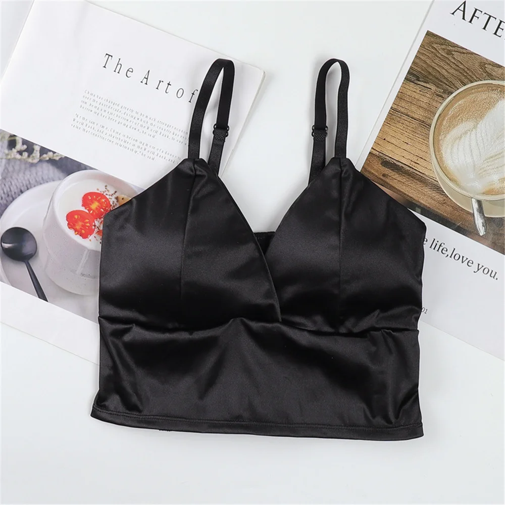 Sexy Satin Crop Tops Women Wireless Bralette Crochet Top Female Spaghetti  Strap T-shirt Cropped With Chest Padded Camisole Ladys - AliExpress