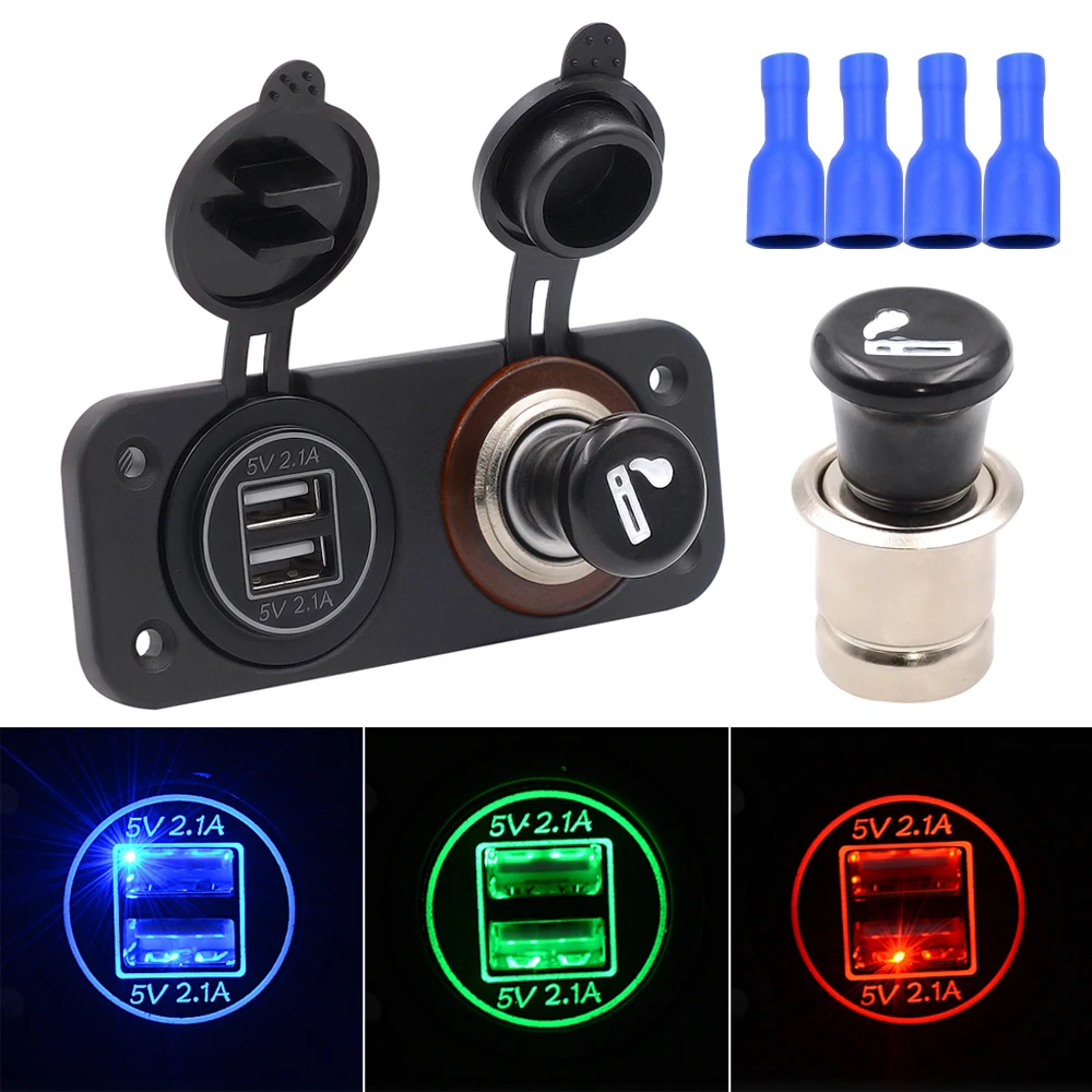 

5V 4.2A Voltmeter Dual USB Port Waterproof IP65 Black Car Marine LED Rocker Switch Panel with cigarette lighter for Cars