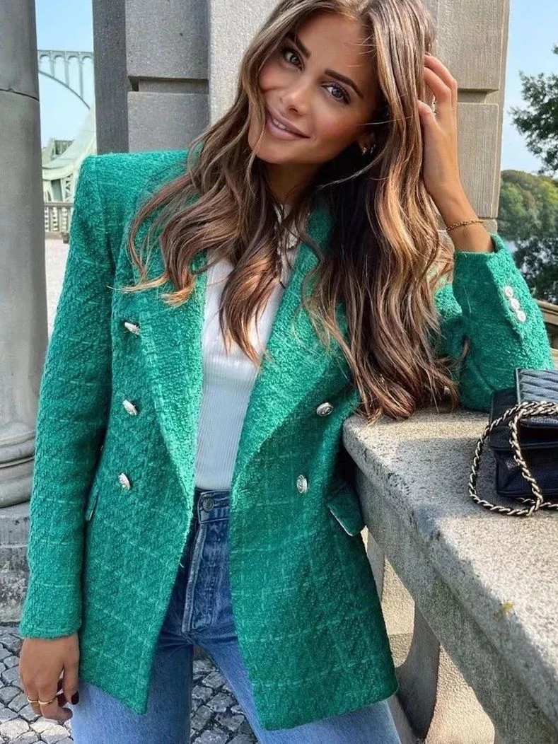 Politieagent Speciaal scheerapparaat Stylish Green Tweed Women's Blazer Jacket Spring Autumn High Street Double  Breasted Pockets Office Lady Chic Casual Outerwear - Blazers - AliExpress