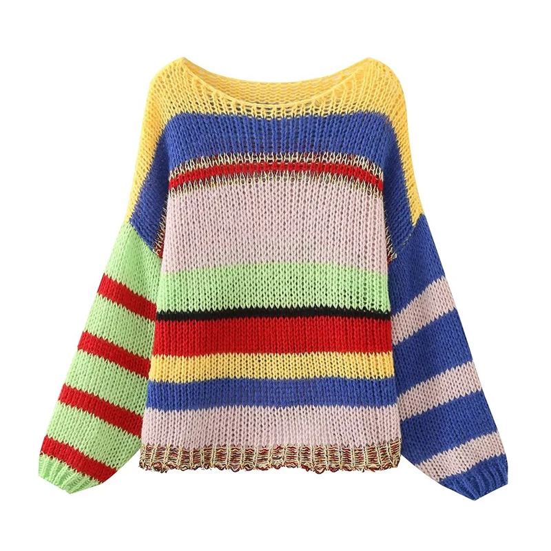 

YENKYE New Fashion Women Round Neck Hollow Out Design Colorful Loose Lazy Pullover Sweater