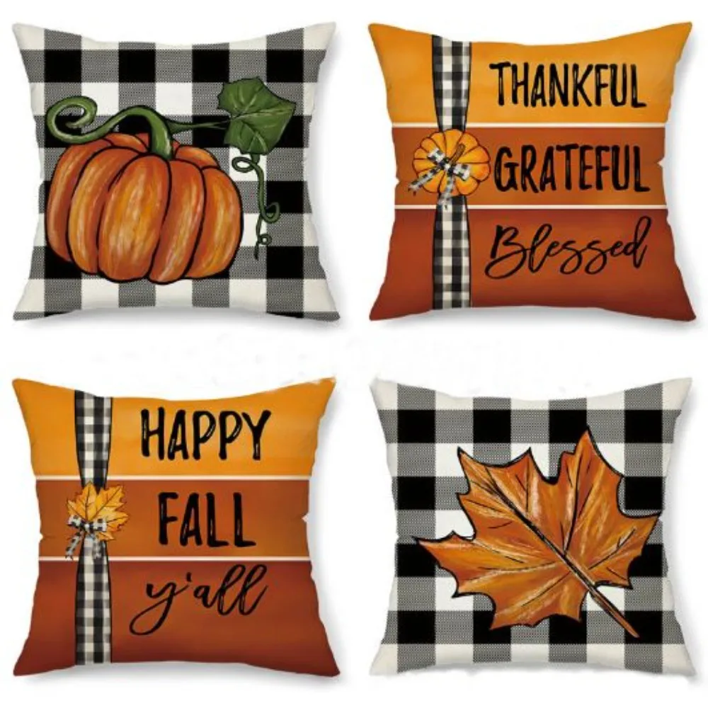 

4Pcs Dacron Thanksgiving Pillow Cover 18x18 Inch Colorful Pumpkin Pattern Throw Pillow Cover Easy To Use and Maintain Plaid