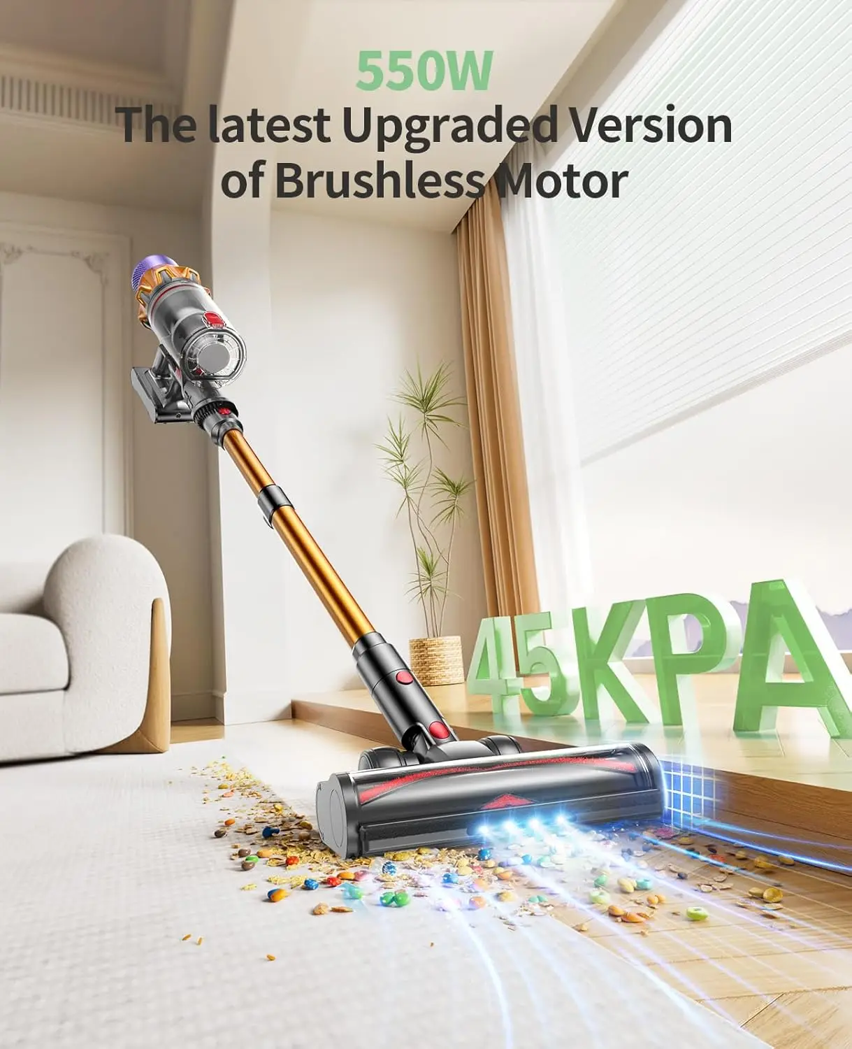 Vacuum Cleaner, 550W 45KPA 60Mins Cordless Stick Vacuum Cleaner With Touch Screen, Wall Mount Charging, Self-Standing, Handheld 3