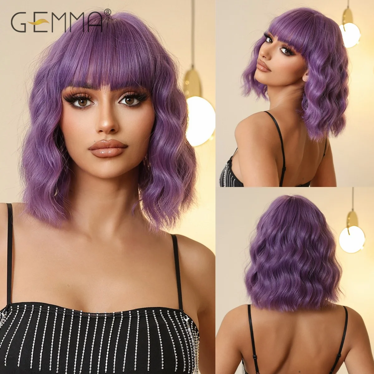 GEMMA Synthetic Purple Short Wavy Wig with Bangs Colorful Cosplay Wigs for Black Women Heat Resistant Party Lolita Fake Hair