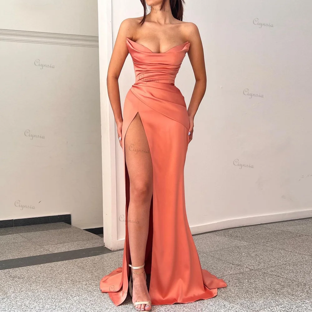 

Ciynsia пикантные вечерние платья-русалки 2024 Новинка милое с высоким разрезом атласные плиссированные Простые платья для выпускного вечера Длинные шикарные платья