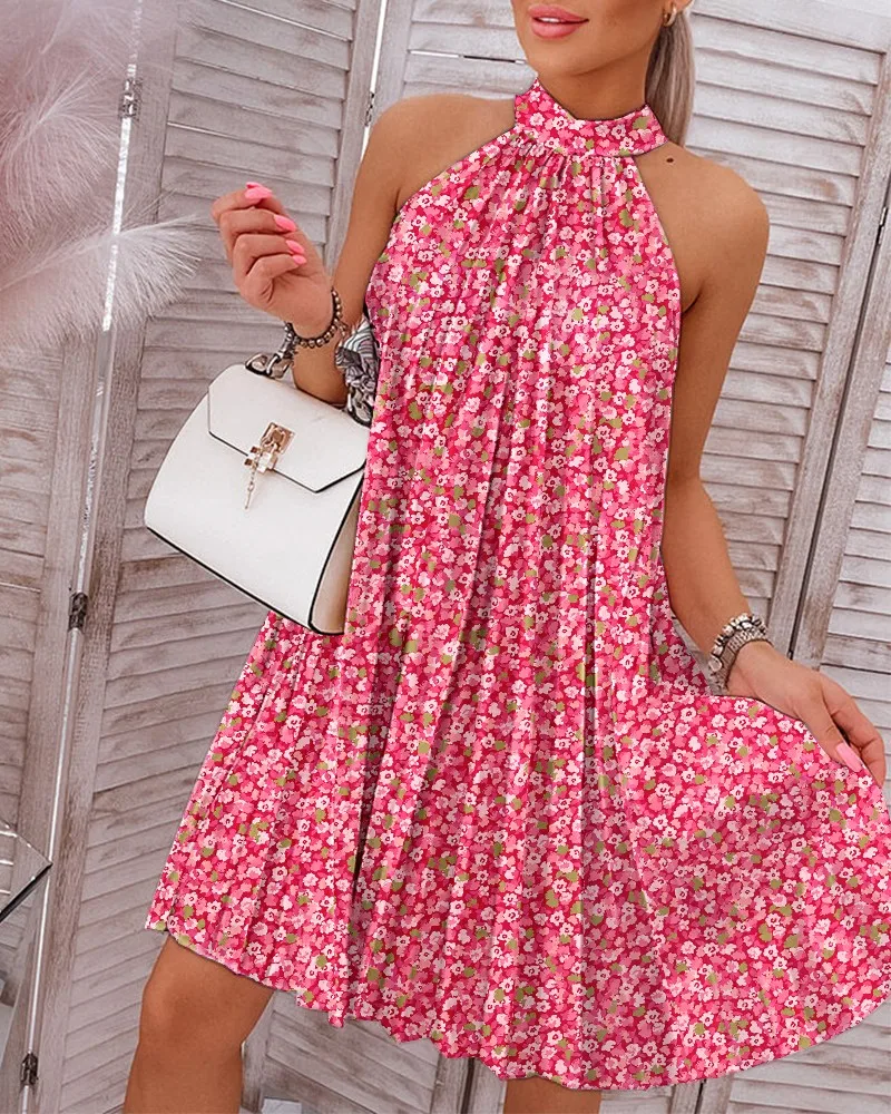 

Women's Pink Floral Print Pleated Casual Dress Summer