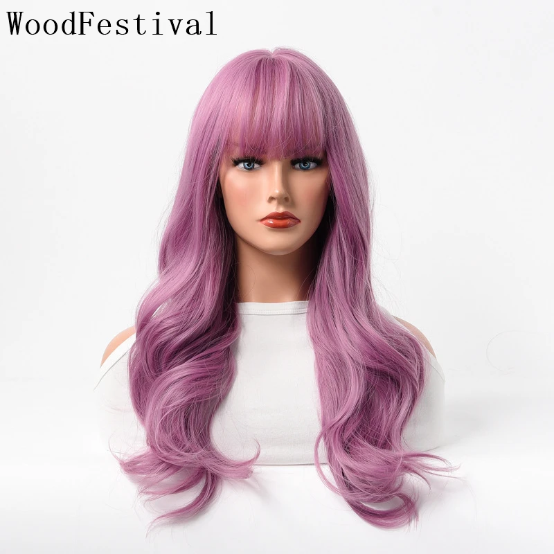 WoodFestival Hair Wigs For Women Synthetic Wavy Wig With Bangs Female Cosplay Temperament Purple Green Black Ombre Blonde