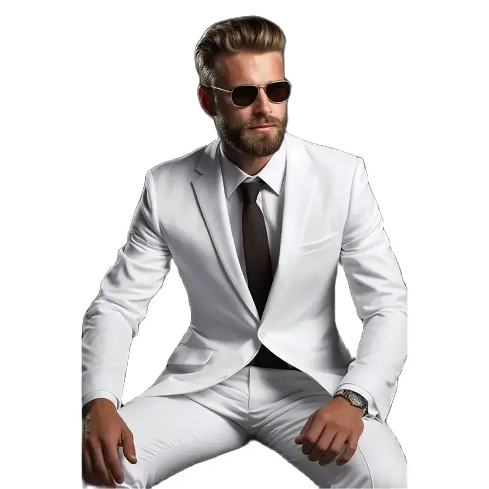 Hight Quality White Suits for Men Luxury Wedding Groom Outfits 2 Piece Jacket Pants Set Single Breasted Notch Lapel Blazer 2024