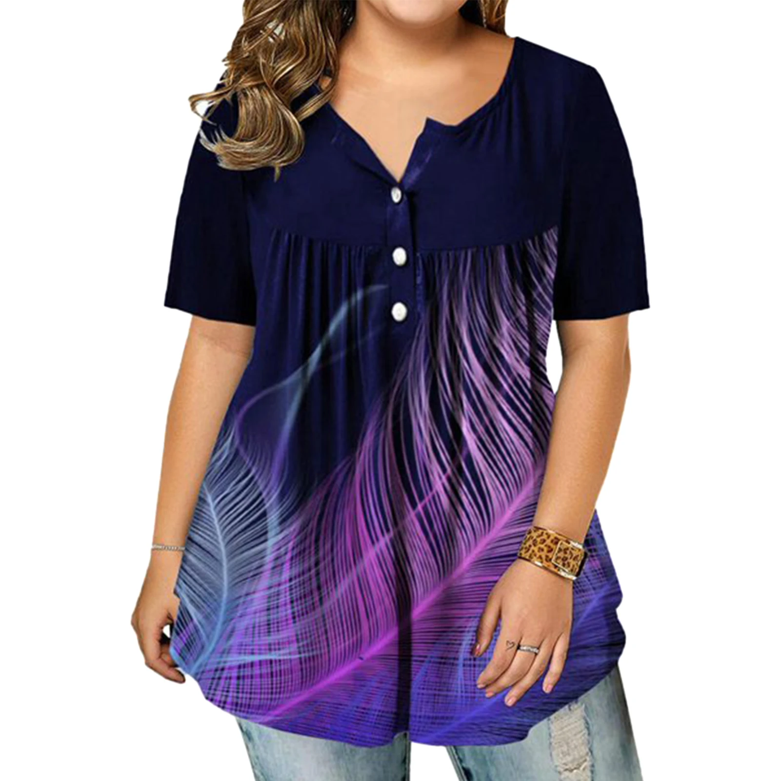 

Женский Повседневный пуловер на пуговицах, удобный мягкий Свободный пуловер с коротким рукавом и декоративным принтом, с круглым вырезом, на лето