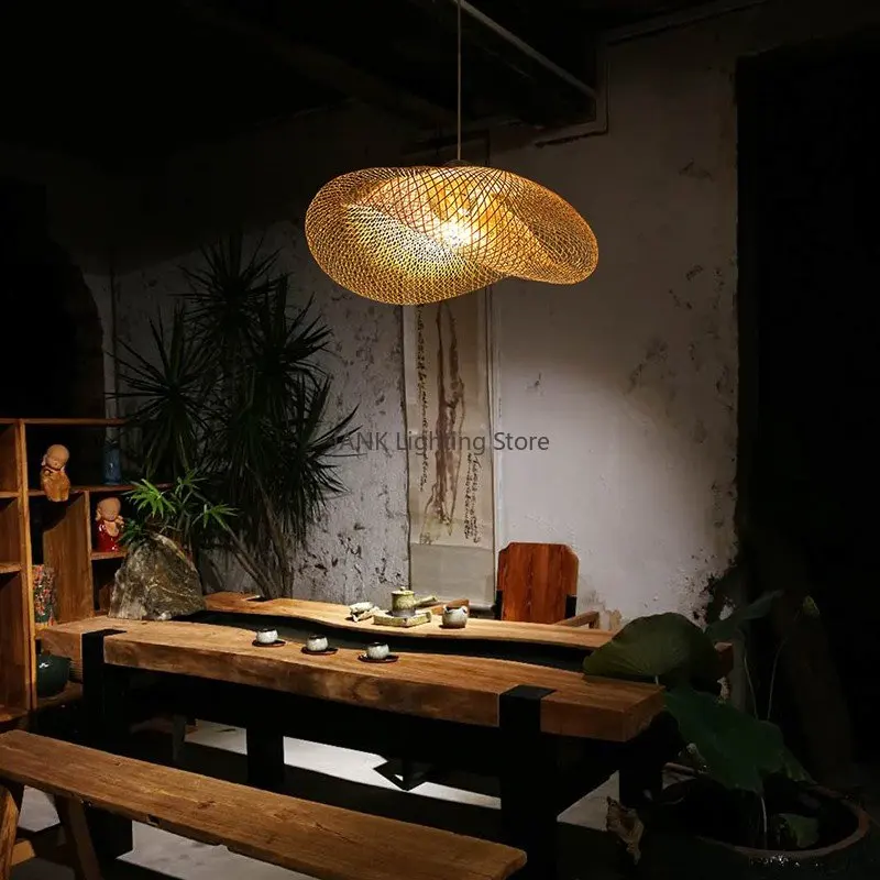 Chinese Handmade Bamboo Suspension Lamp Wicker Rattan Wave Shade Pendant Lamps Restaurant Aisle Tea Room House Indoor Lighting