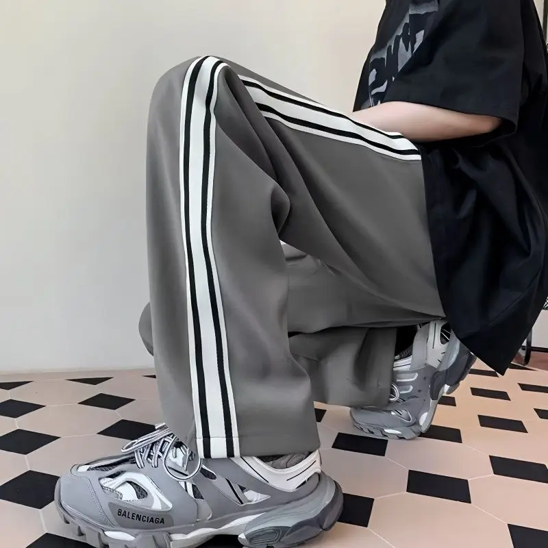 American street men and women trendy retro striped patchwork straight casual pants for spring and autumn loose wide leg pants