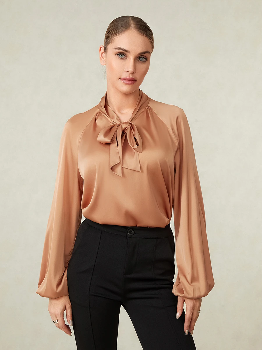 

Women Satin Shirt Elegnat Long Sleeve Shirt Tie-up Loose Solid Blouse Fall Tops for Daily Office