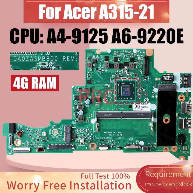 Placa-mãe Portátil para Acer Da0zasmb8d0 A31521 A4-9125 A6-9220e Ram 4g Nbgnv1100p Nbgnv1100n Nbgnv1100u Notebook Mainboard