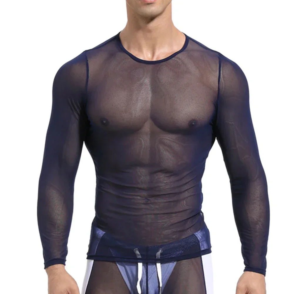 Men Mesh See Through Elastic Sport Tops Long Sleeve Top T-Shirt Sheer Tights Sexy Undershirt Fitness Muscle Gay Clothes Clubwear