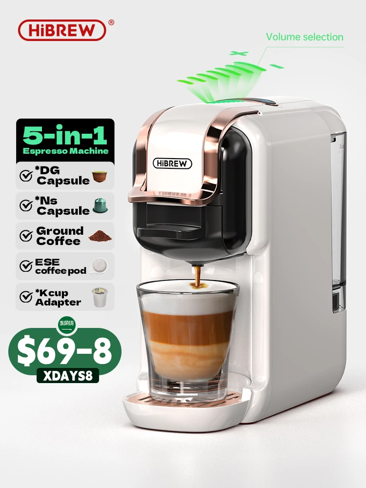 HiBREW 5 in 1 Multiple Capsule Coffee Machine Hot/Cold DG Cappuccino Nes Small Capsule ESE Pod Ground Coffee Cafeteria 19Bar H2B