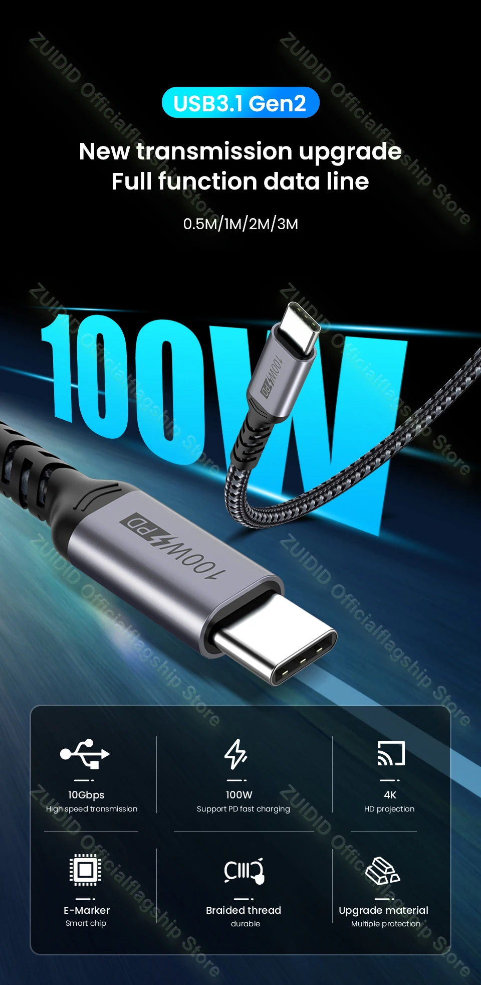 USB 3.1 Gen2 10Gbps Data Cable USB C to Type C PD 100W 5A QC4.0 3.0 Fast Charging Cable For MacBook Pro 4k 60Hz Video Cable 2/3m android c charger