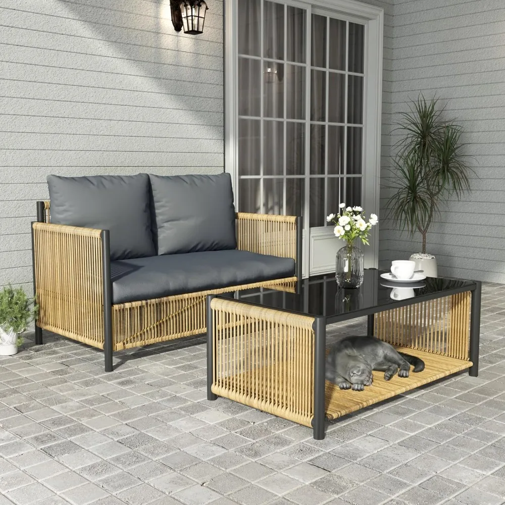

2 Piece Wicker Patio Chairs and Table Conversation Set, Outdoor Sofa Furniture Set for Living Room Bedroom