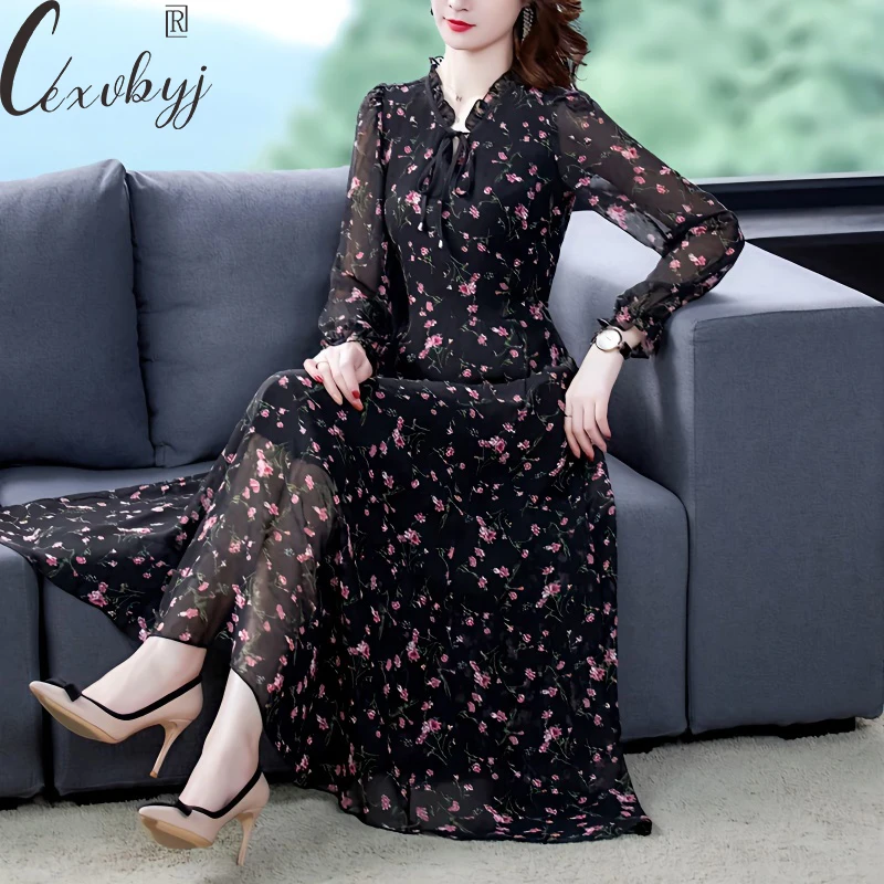 

Women Elegant Print Chiffon Dress 2023 Korean Fashion Plus Size Ruffles Basic Long Dress Spring Summer Floral Bodycon Dress