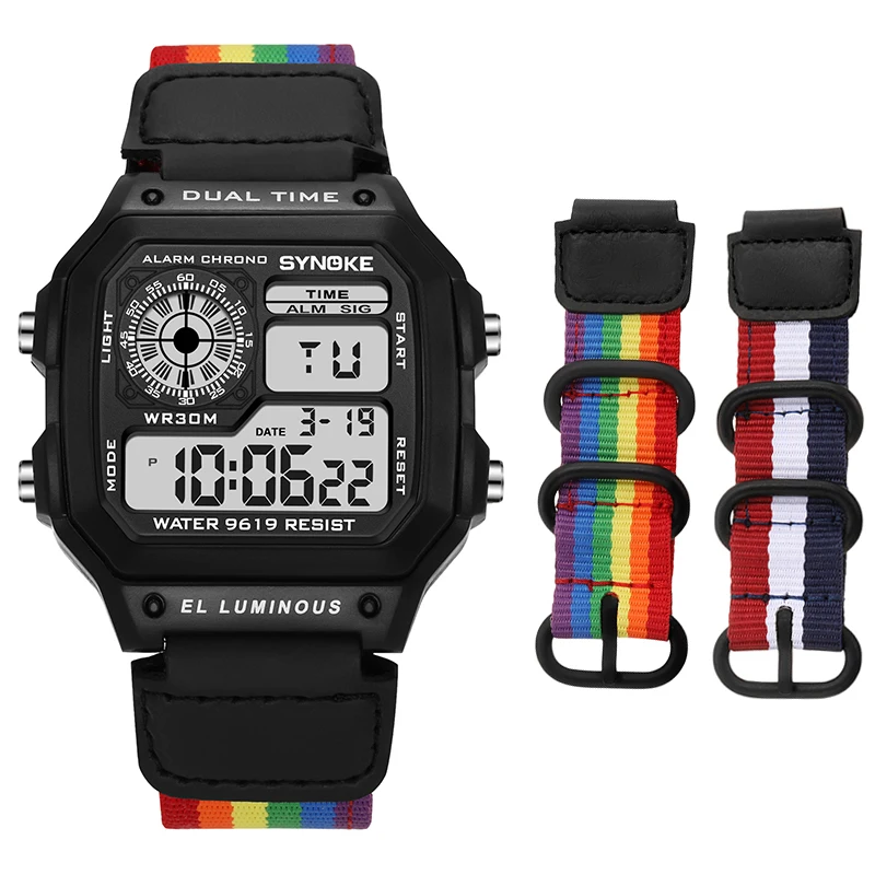 Digital Watches For Men SYNOKE 9619C Nylon Strap Waterproof Multifunction Electronic Watch Mens Sports