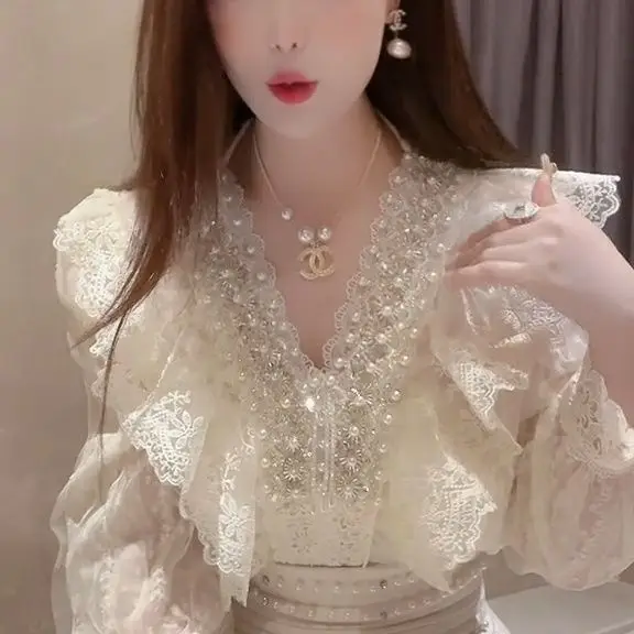중공업 비즈 러플 레이스 셔츠, 봄 및 여름, 버블 슬리브, V넥 탑, 신상 패션