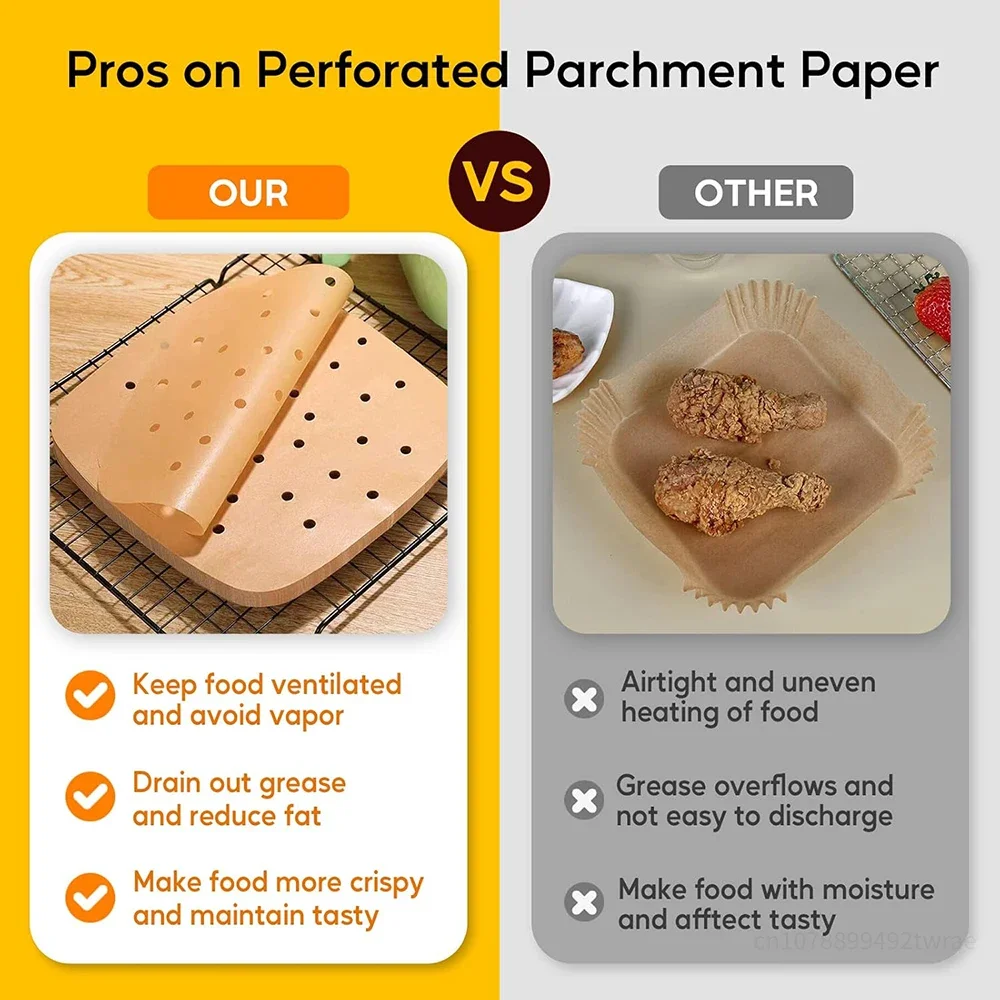 7/8/9 Inch Parchment Paper 100Pcs Square Unbleached Perforated for Air Fryer Steamer Oven Frying Chicken