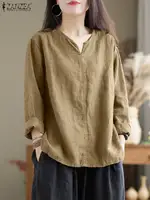 Vintage Women Cotton Blouse Autumn V Neck Long Sleeve Tops 2025 ZANZEA Retro Solid Loose Shirt Female Work Tunic Blusas Mujer
