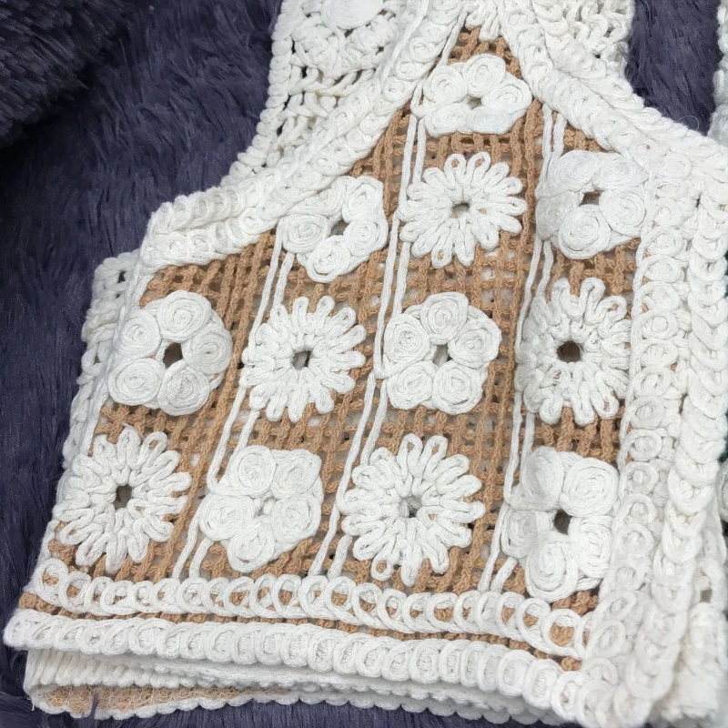 Crochet Vest for Jacket Waistcoat for Women Hollow Out Knit Embroidery Floral Vintage Sleeveless Button Cropped Cardigan 10CF
