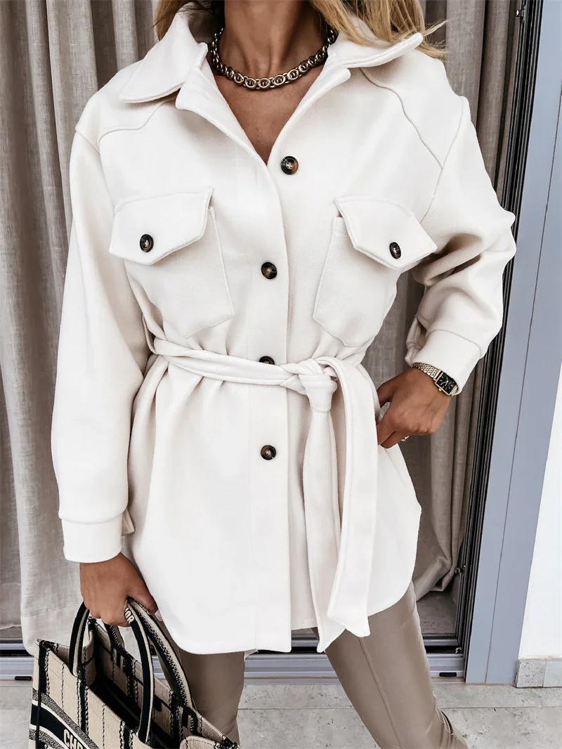 Women Autumn Winter Warm Tweed Coat Lapel Double Pocket Splicing Single-breasted Cardigan Trench Peacoat Loose Lace-up Outerwear