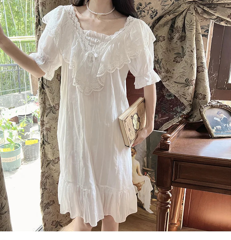 Palace princess style short-sleeved nightdress women's summer thin cotton cotton white pajamas lace edge home service