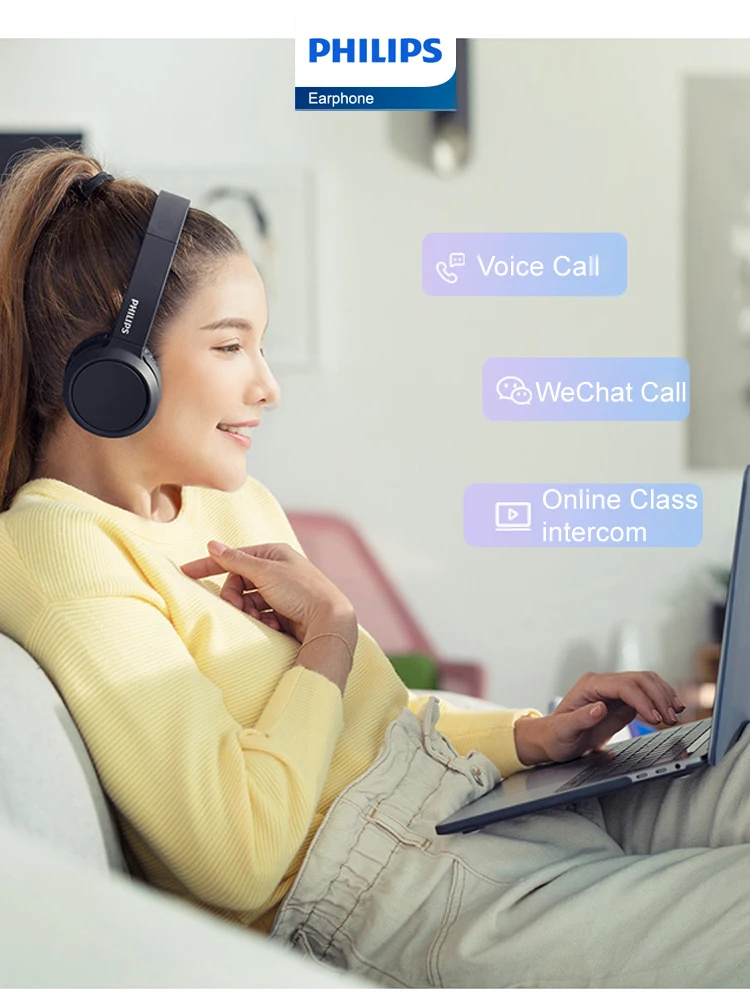 필립스 유선 HD 사운드 헤드폰, 오버 이어 헤드셋, 베이스 스테레오, 접이식 조절식 헤드폰, PC 스마트폰용, TAH4105, 3.5mm