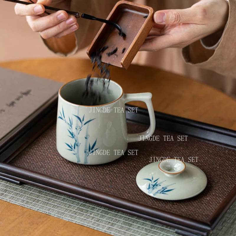 Ceramic Covered Teacup Office Tea Set Water Cup Hand Drawn Mug Grass and Ash Underglaze Colored Tea Cups Coffee Mug