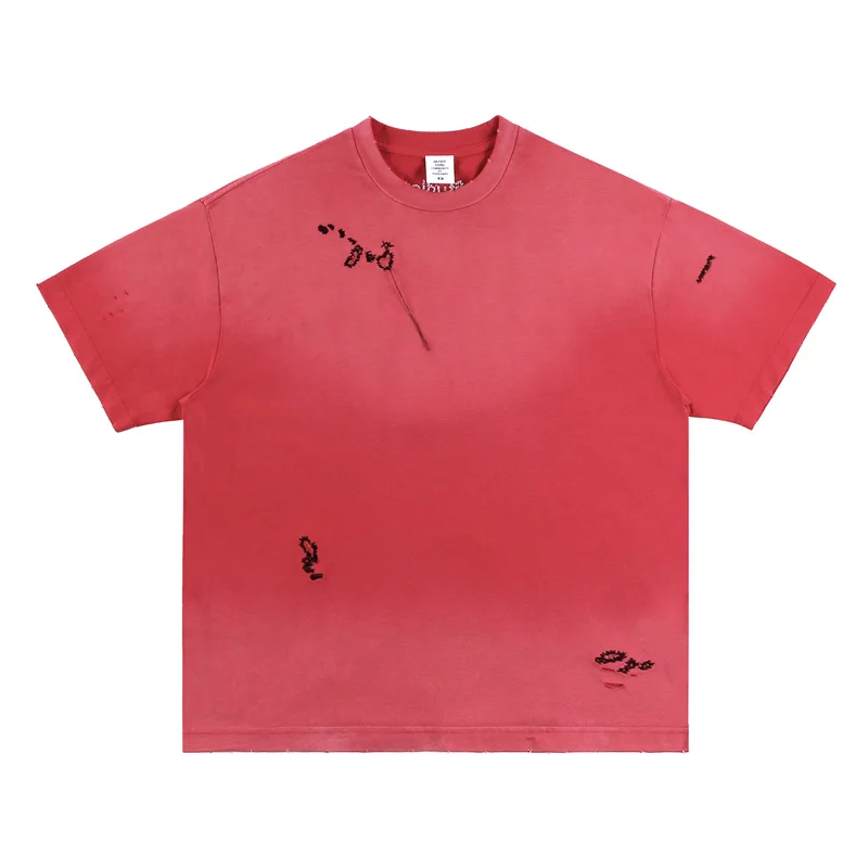 

24ss T-shirt Broken Hole Embroidery Logo Retro Short Sleeve T-shirt Discolouration Mens Womens Tee Tops