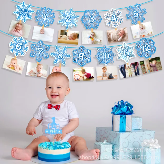 Striscione fotografico 1 ° compleanno per bambino fiocco di neve blu da  neonato a 12 mesi decorazione primo compleanno pietre miliari mensili  ghirlanda