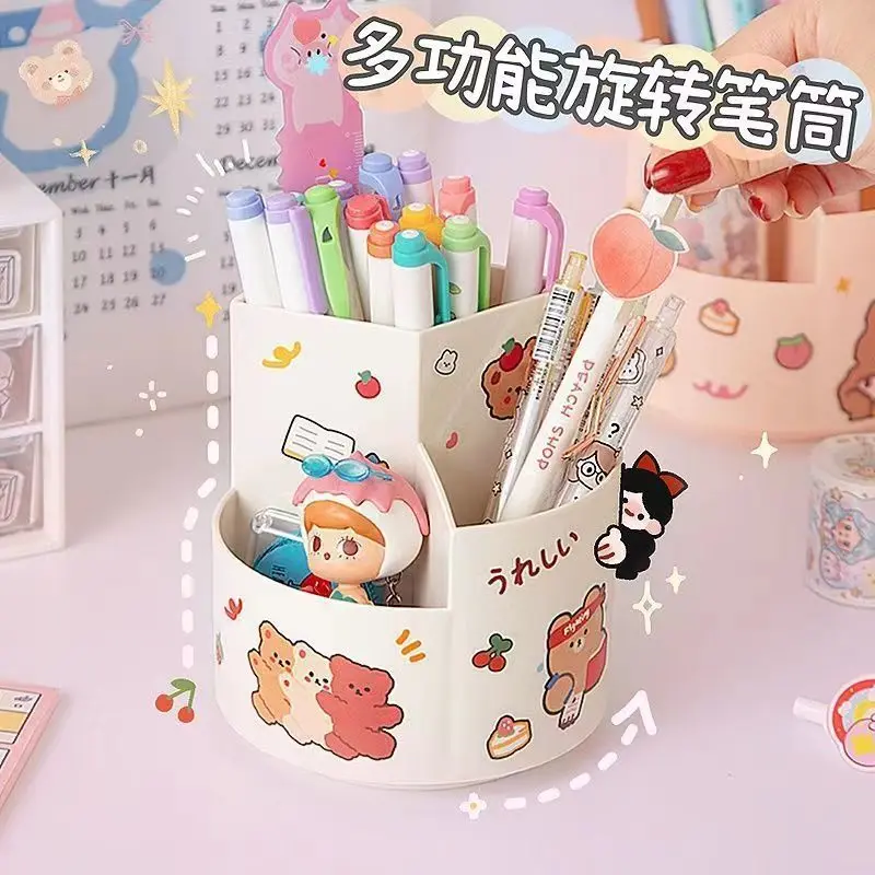 Kawaii Rotating Pen Holder Stickers Student Pencil Box Desktop Stationery Storage Organizer Office Home Makeup Brush Box