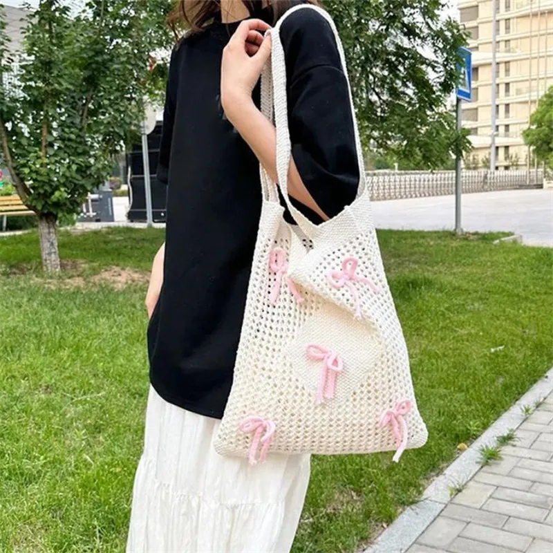 Preppy Style Crochet Tote Bag with Butterfly Accents, Solid Color Polyester Shoulder Bag, Foldable Fashion Beach Bag