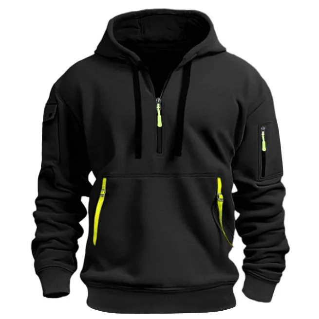 Autumn Winter Men's Hooded Hoodies Solid Long Sleeve Multi-pocket Zipper Pullover Sports Sweatshirt Harajuku Casual Streetwear