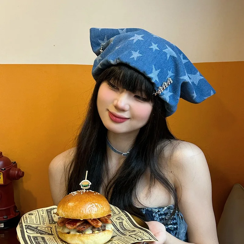 Japanese Y2k Niche Original Personalized Bag Head Hat Spring and Summer Women's Denim Star Cat Ear Pin Decorative Beanie Cap 3
