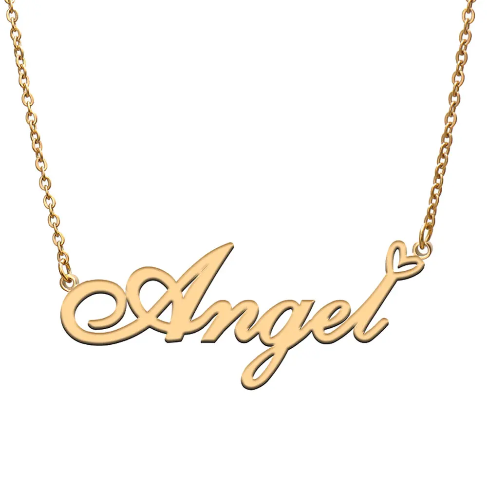 

Angel with Heart Name Necklace for Women Stainless Steel Jewelry Nameplate Pendant Femme Mother Child Girls Gift