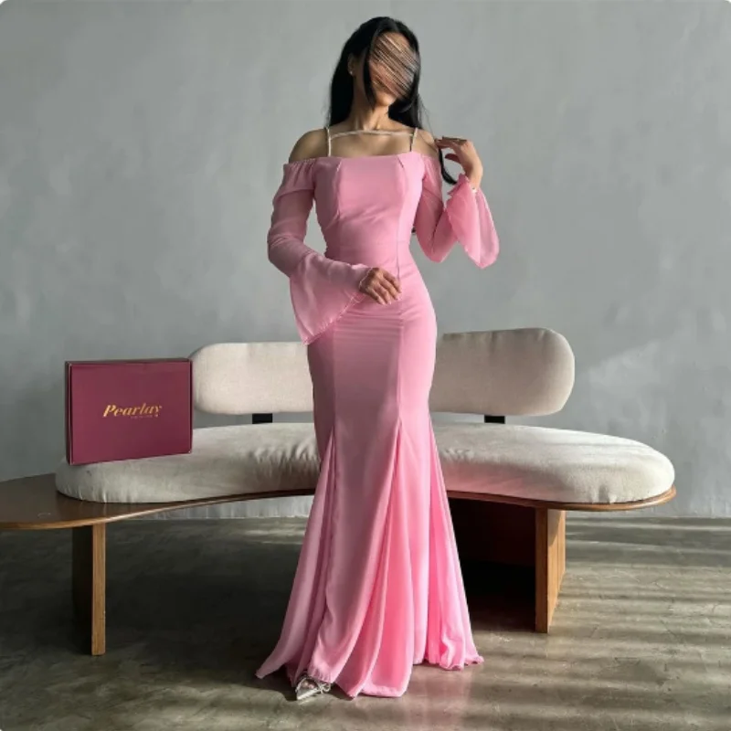 

Saudi Arabia Pink Chiffon Off Shoulder Ball Dress Mermaid Long sleeved Evening Dress Floor Mopping Formal Occasion Dress 2024