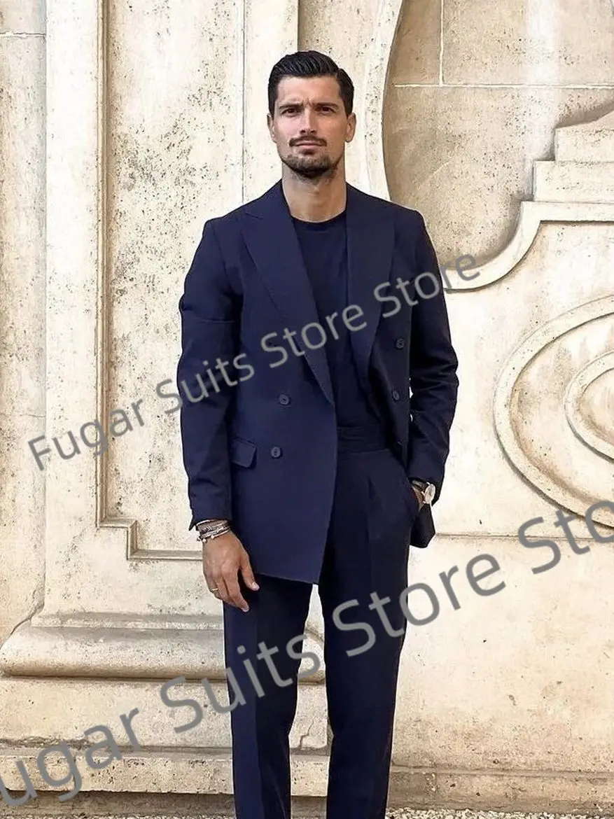 Fashion Navy Blue Wedding Men Suits Slim Fit Notched Lapel Groom Formal Tuxedos 2Pieces Sets Casual Male Blazer Trajes De Hombre