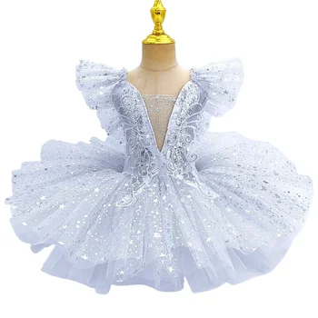 Kids Sequin Ballet Dress Performance Clothes Silver Girls Modern Dance Skirts Children Ballet Tutu Party Princess Dress Costumes