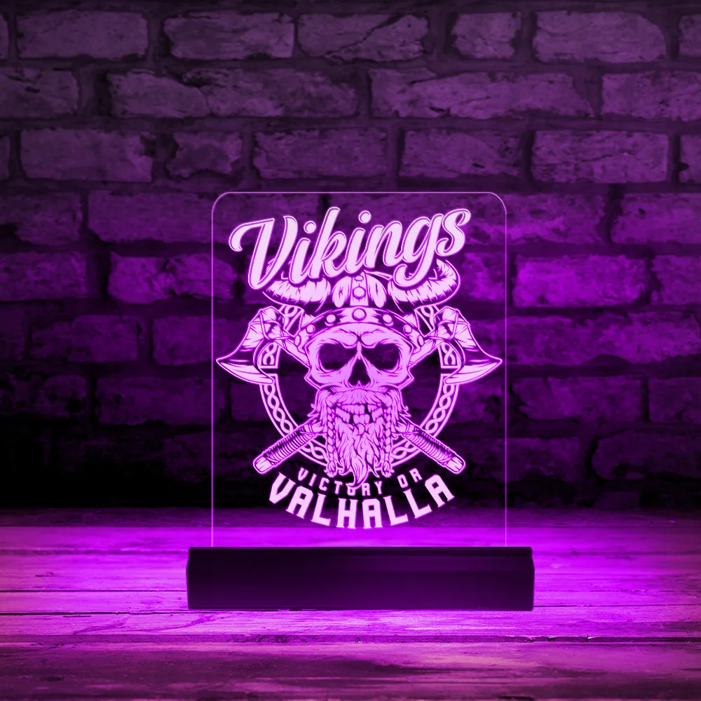 

Victory Or Valhalla Norse Warrior LED Acrylic Display Sign Savage Viking Skull 3D Vision Night Light Norway Mythology Home Decor