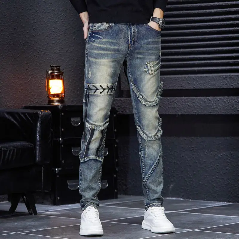 2023 Fashion Brand Embroidery Zipper Ragged Edge Panel Men's Jeans Retro Wearing Rope Korean Version Retro demin jeans