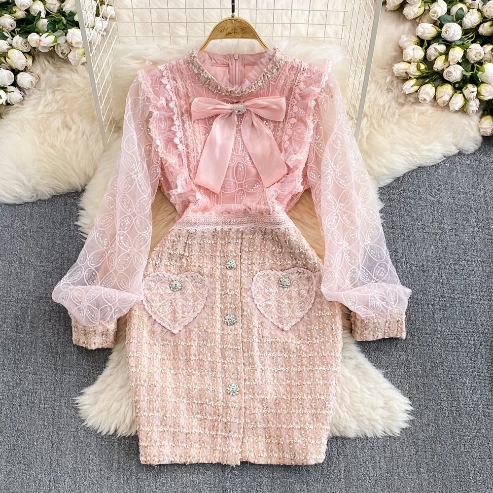 

High-End Elegant Lace Sequined Long-Sleeved Stitching Tweed Dress Graceful Fashion Beaded Mesh Embroidered Slim Pink Dresses