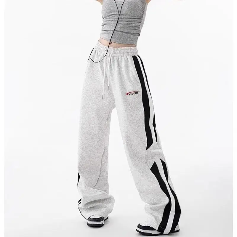 Women's Autumn Winter New England Elastic High-waisted Drawstring Patchwork Contrast Color Pockets Striped Straight Casual Pants