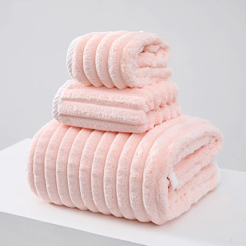 

Adult Towel Bath Towel Dryer Hat 3 PCS Coral Velvet Striped Velvet Large Size Beach Towel Bath Skirt Shower Cap Wash Hand Towel